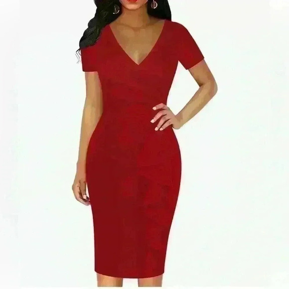 NWT! Beautiful Red Dress Oxiuly Womens V Neck, Slim Ruffle Pencil Dress Size L - Picture 1 of 11